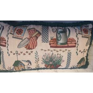 Tapestry Throw Pillow Gardening Spring 22"X12" Green Velvet Back